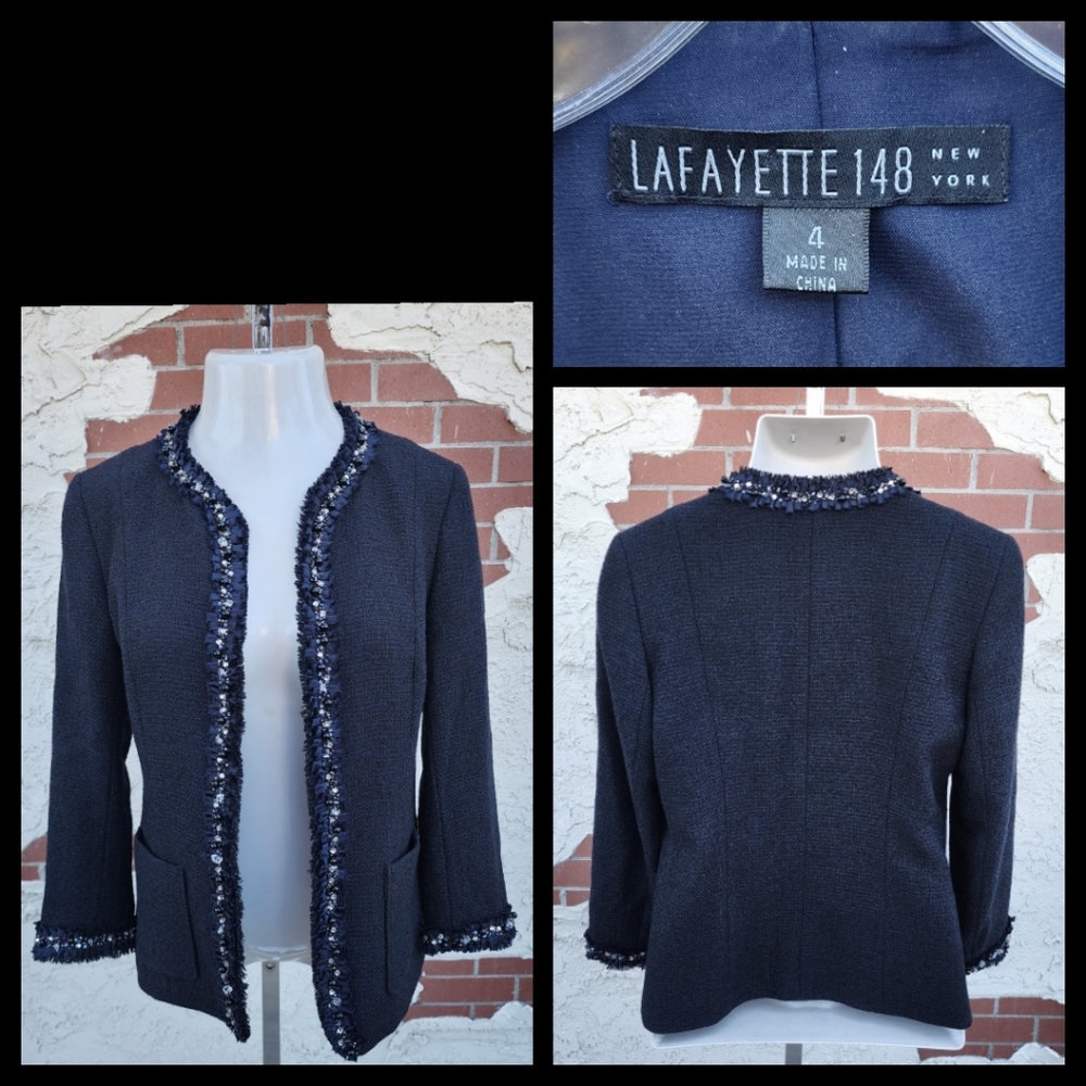 Size 4 women LAFAYETTE 148 New York navy blue tweed RHINESTONES blazer jacket